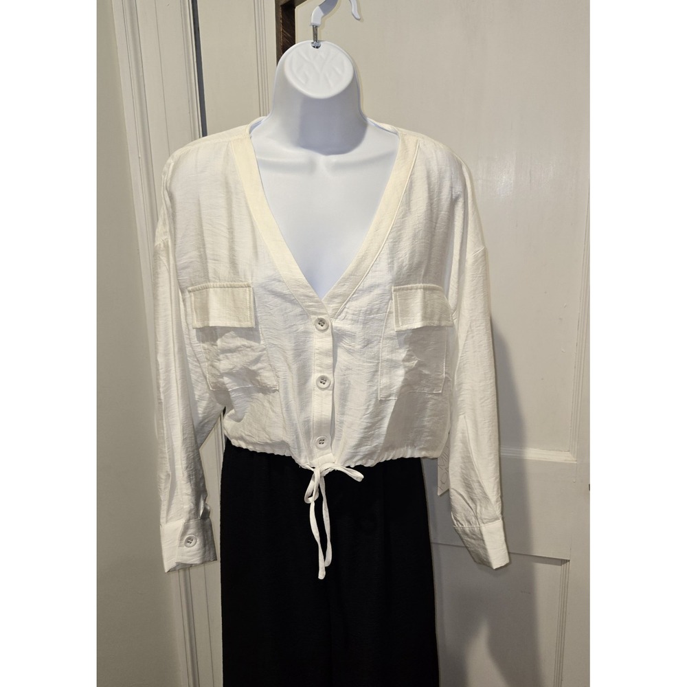 NWT Milk & Honey Cropped  White Button Down‎ Long Sleeve Hem Tie Linen Blend M